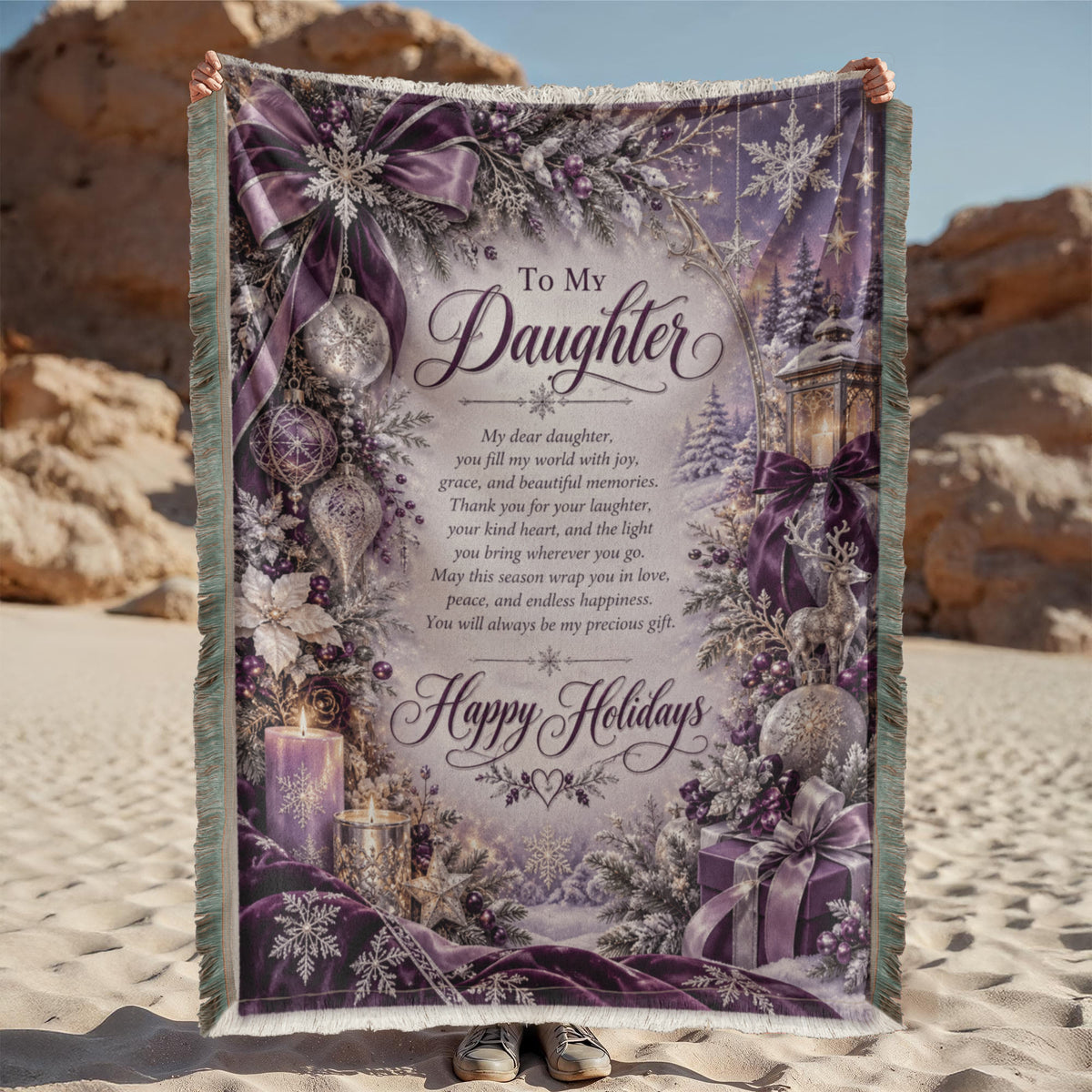 Daughter Happy Holidays Printed Woven Purple Blanket – Heartfelt Christmas Keepsake Gift