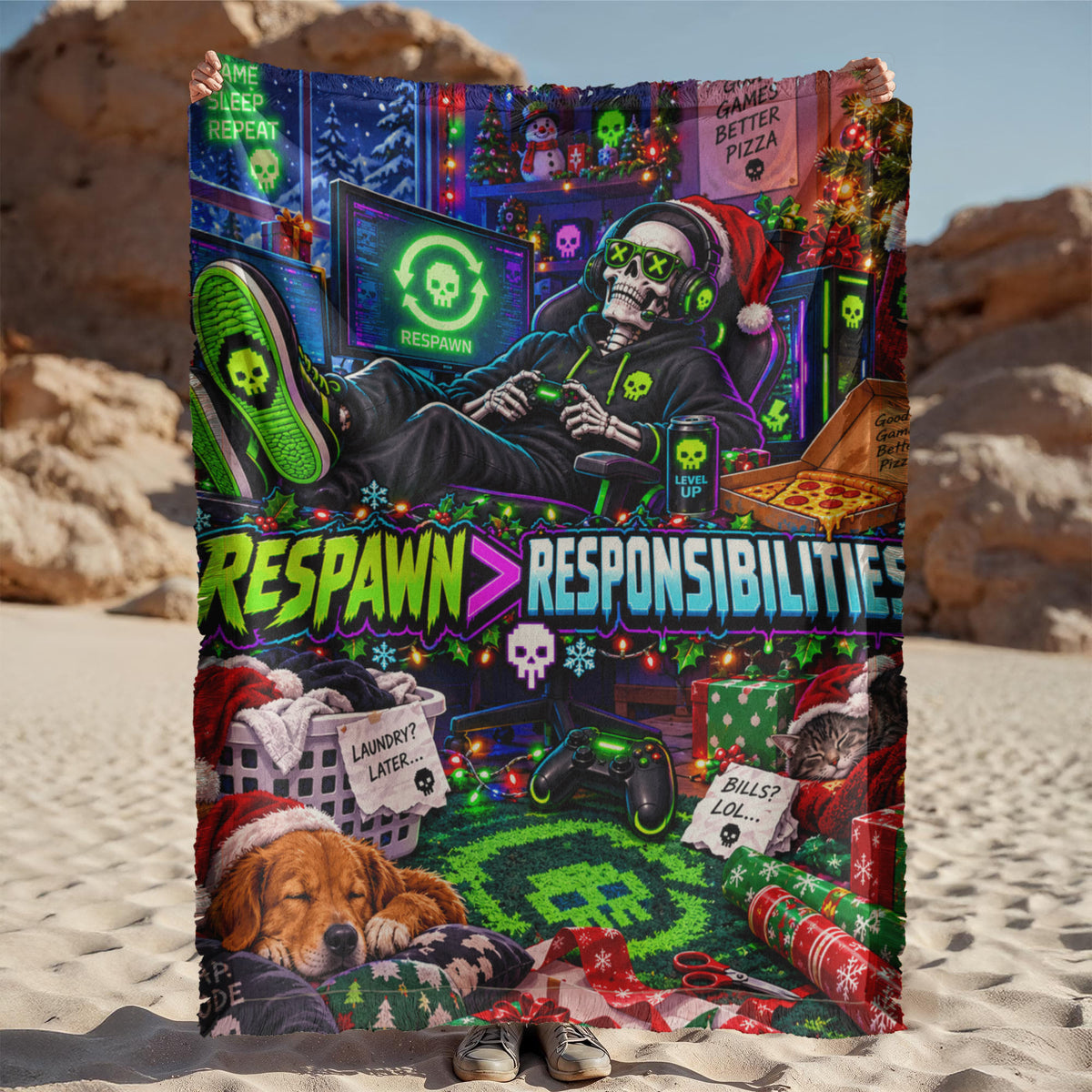 Respawn Over Responsibilities Funny Gamer Christmas Woven Throw Blanket –Holiday Gift for Adult Gamers