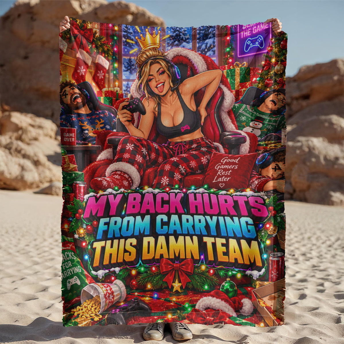 My Back Hurts From Carrying the Team Funny Gamer Christmas Woven Throw Blanket –Gift for Adult Gamers