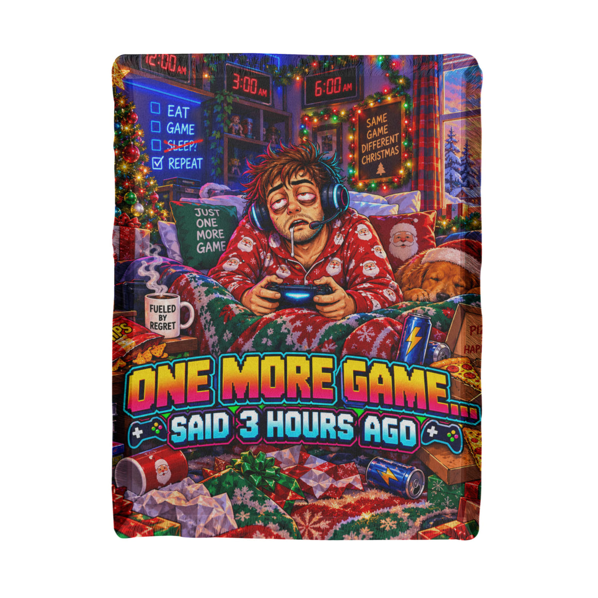 One More Game Funny Gamer Christmas Woven Throw Blanket – Holiday Gift for Adult Gamers