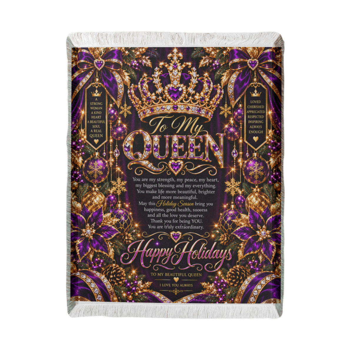 Queen Happy Holidays Printed Woven Purple Blanket – Luxury Christmas Keepsake Gift