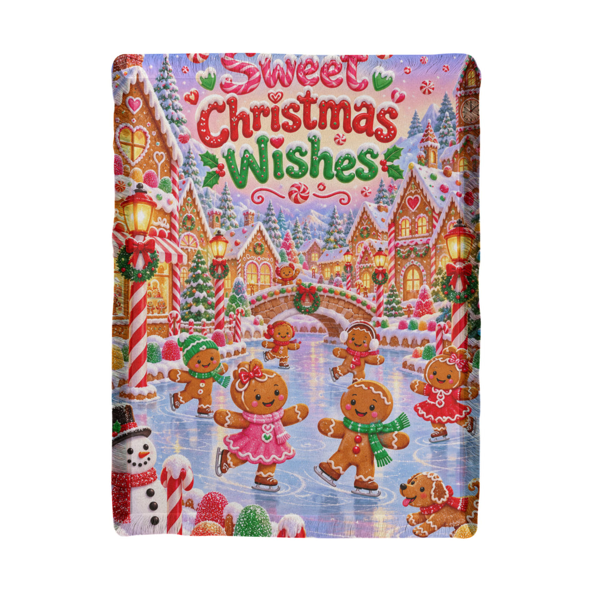 Kids Gingerbread Christmas Throw Blanket- Colorful Candy Village Holiday Blanket for Children