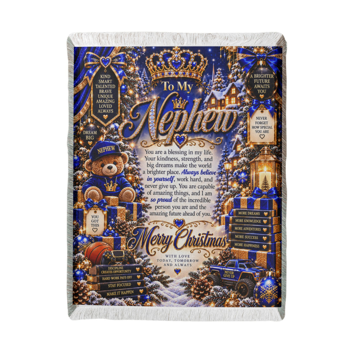 To My Nephew Christmas Woven Blue Blanket – Heartfelt Holiday Keepsake Gift for Nephew