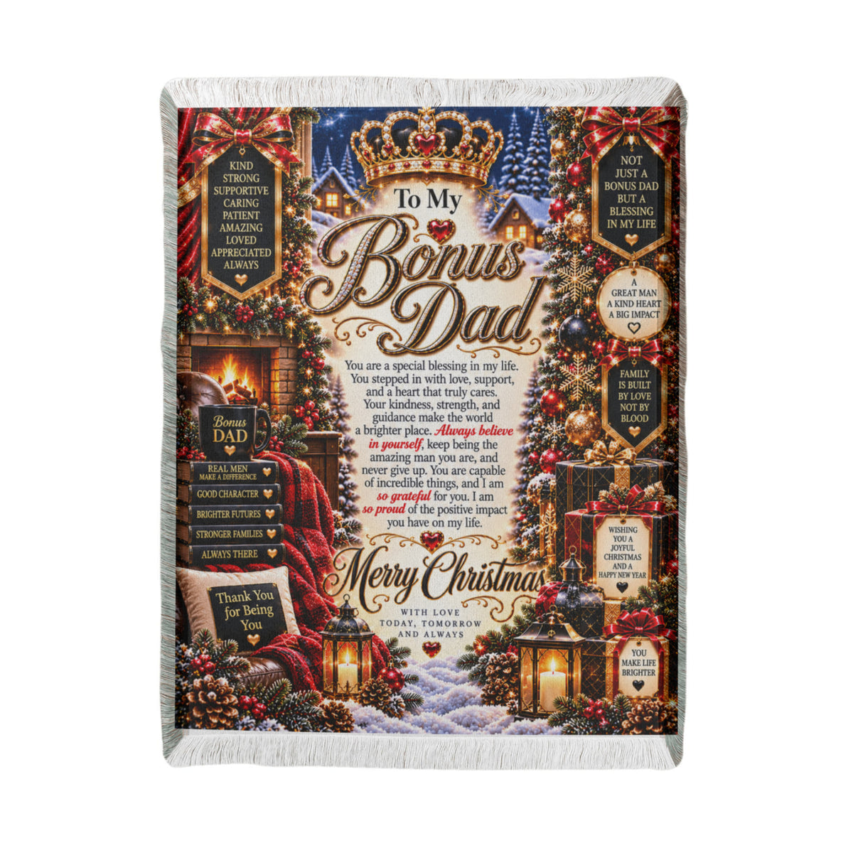To My Bonus Dad Christmas Woven Blanket – Heartfelt Holiday Keepsake Gift for Bonus Father