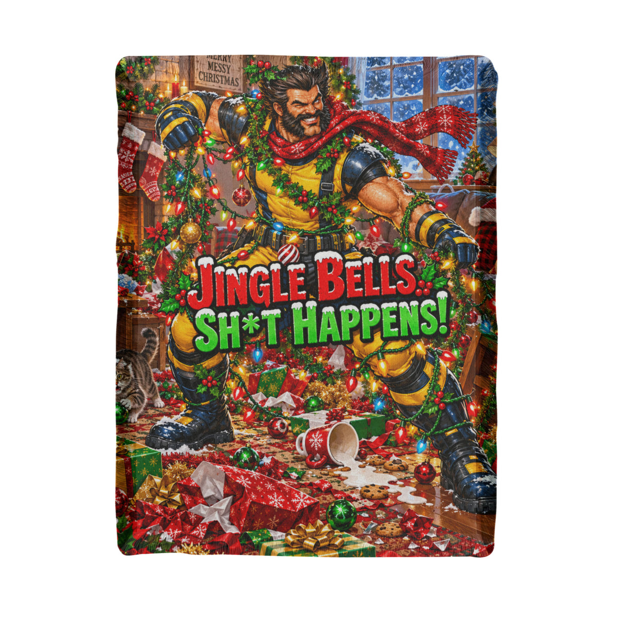 Jingle Bells Sh*t Happens Funny Christmas Woven Throw Blanket- Adult Holiday Gift