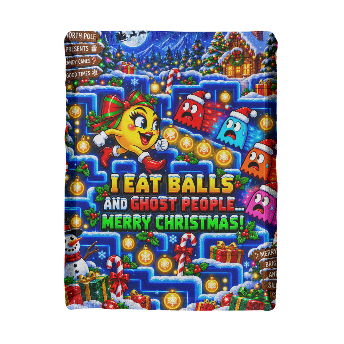 I Eat Balls and Ghost People Funny Christmas Woven Throw Blanket – Retro Arcade Gamer Holiday Gift,