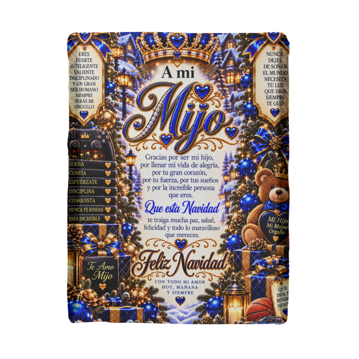 Mijo – Azul: Manta tejida «A mi hijo, Feliz Navidad» – Regalo navideño en español para un hijo, recuerdo entrañable de las fiestas