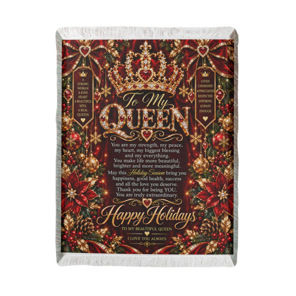 Queen Happy Holidays Printed Woven Blanket – Luxury Romantic Christmas Keepsake Gift