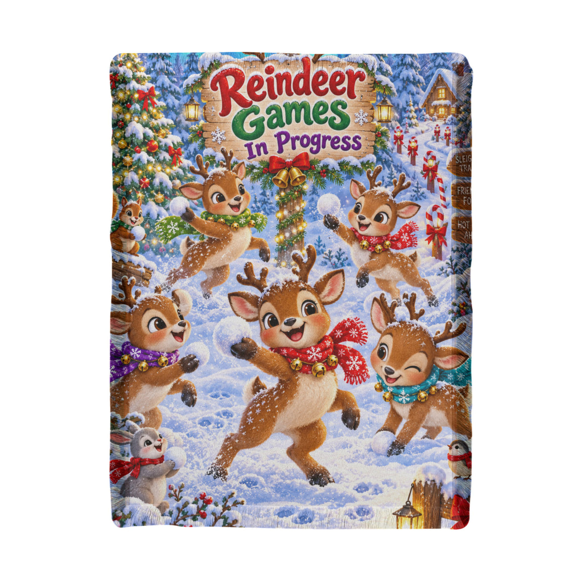 Kids Reindeer Christmas Throw Blanket- Cute Holiday Snowball Fight Blanket for Boys and Girls
