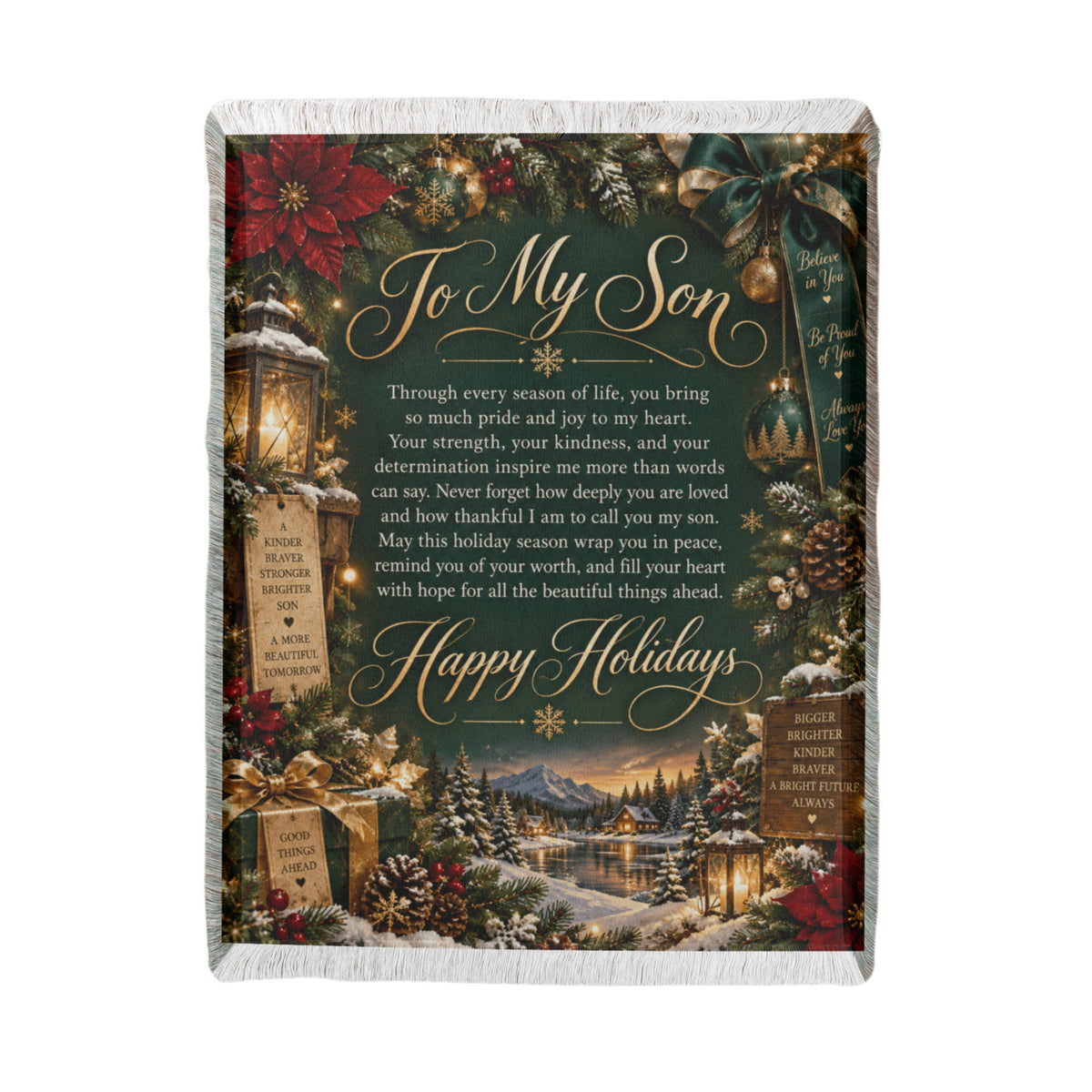 To My Son Happy Holidays Printed Green Woven Blanket – Heartfelt Christmas Keepsake Gift