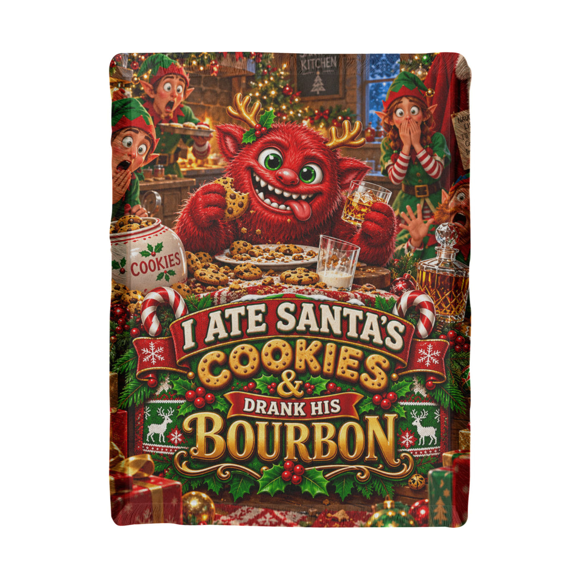 I Ate Santa's Cookies & Drank His Bourbon Funny Christmas Woven Throw Blanket – Adult Holiday Gift