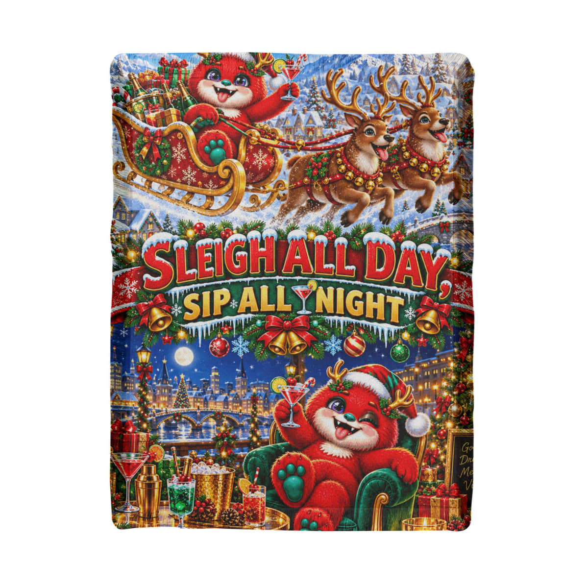 Sleigh All Day Sip All Night Funny Christmas Woven Throw Blanket –Holiday Gift for Adults