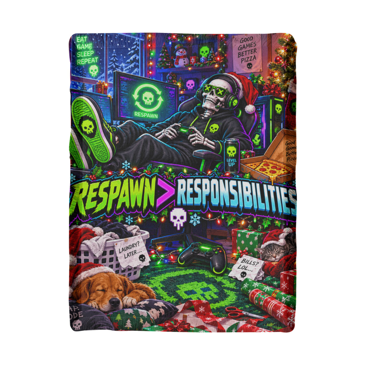 Respawn Over Responsibilities Funny Gamer Christmas Woven Throw Blanket –Holiday Gift for Adult Gamers