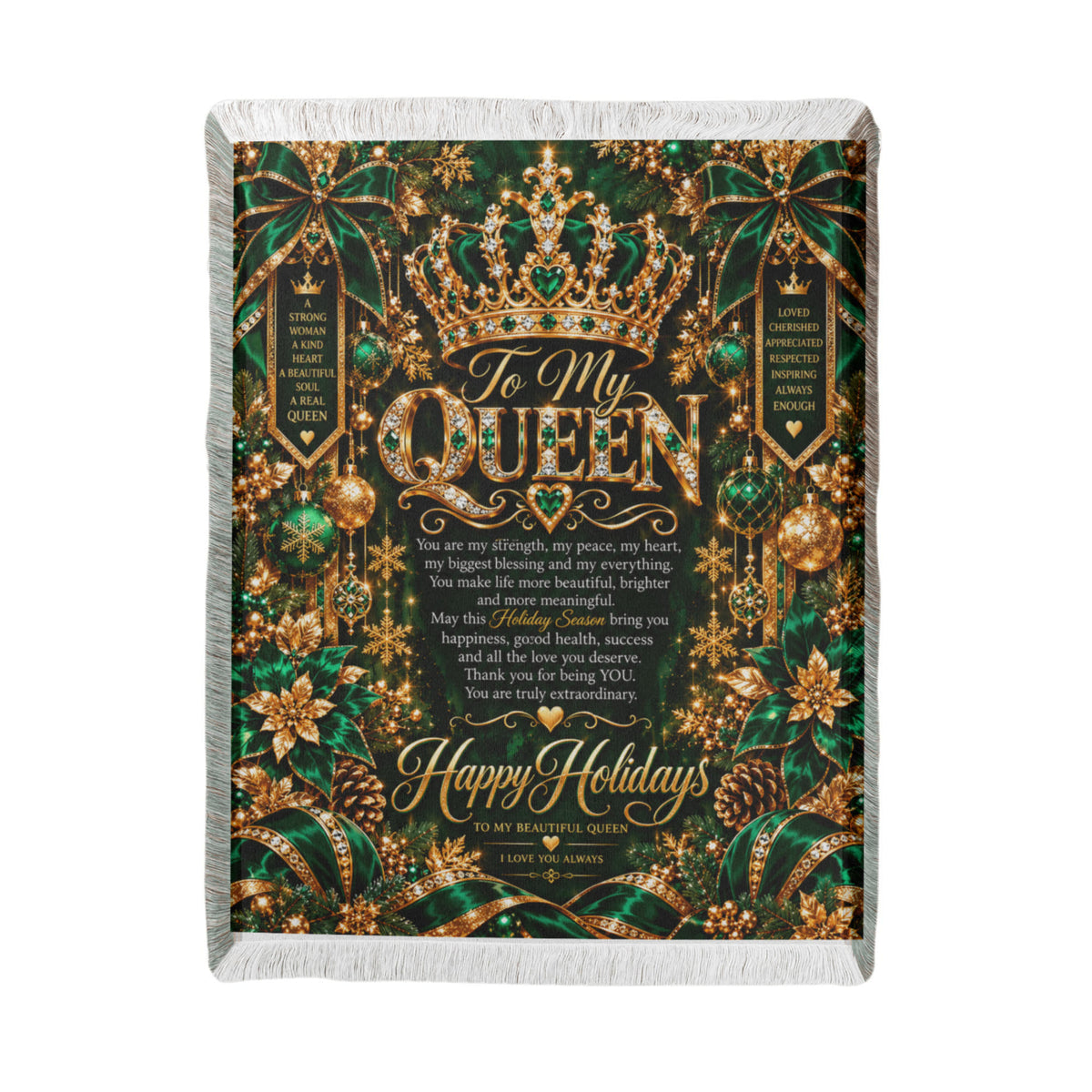 Queen Happy Holidays Printed Green Woven Blanket – Luxury Christmas Keepsake Gift