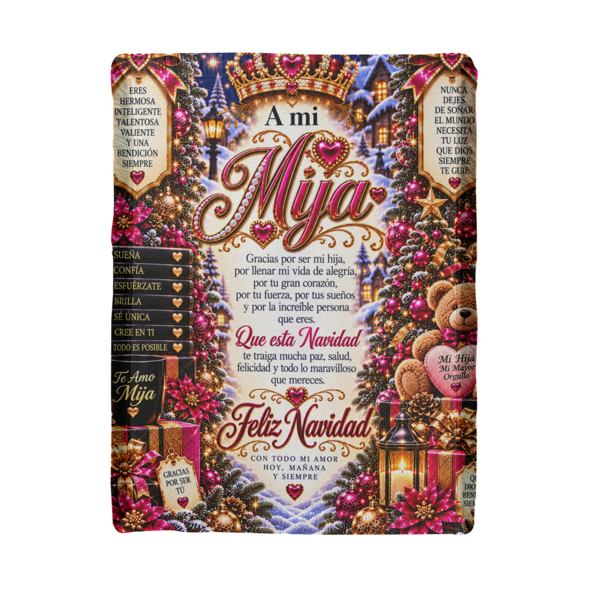 Mija – Rosa: Manta tejida «A mi hija» para una Feliz Navidad – Regalo navideño en español para hija, recuerdo conmovedor de las fiestas
