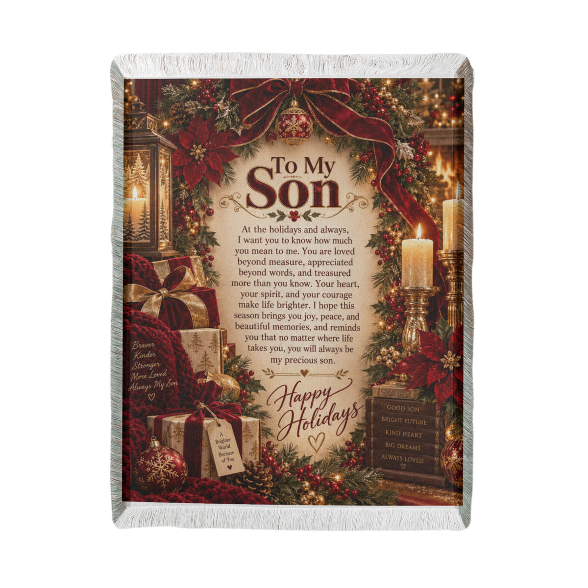 Son Happy Holidays Printed Red Woven Blanket – Heartfelt Christmas Keepsake Gift