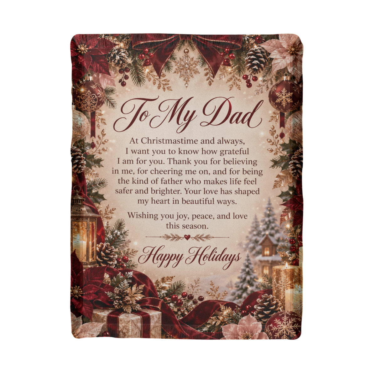 To My Dad Happy Holidays Woven Burgundy Blanket – Heartfelt Holiday Gift for Dad, Father Christmas Keepsake