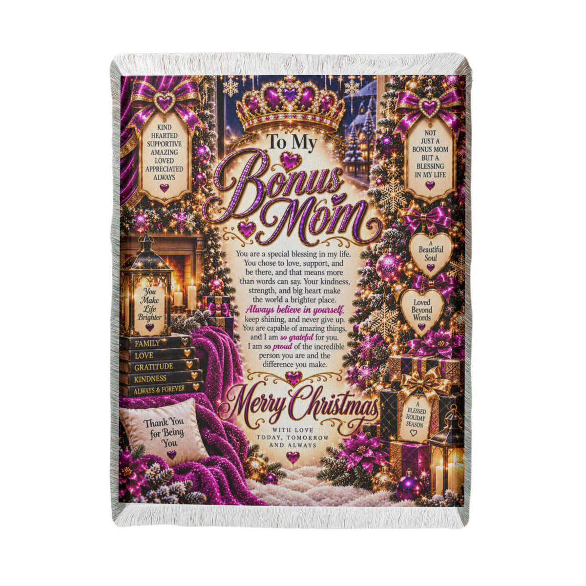 To My Bonus Mom Christmas Woven Blanket – Heartfelt Holiday Keepsake Gift for Bonus Mother