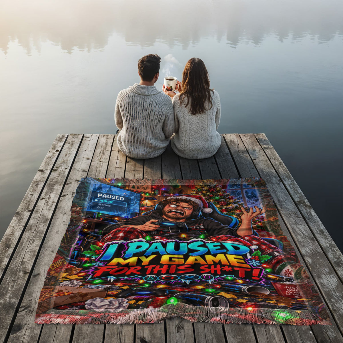 I Paused My Game  Funny Adult Christmas Throw Blanket- Gamer Holiday Gift