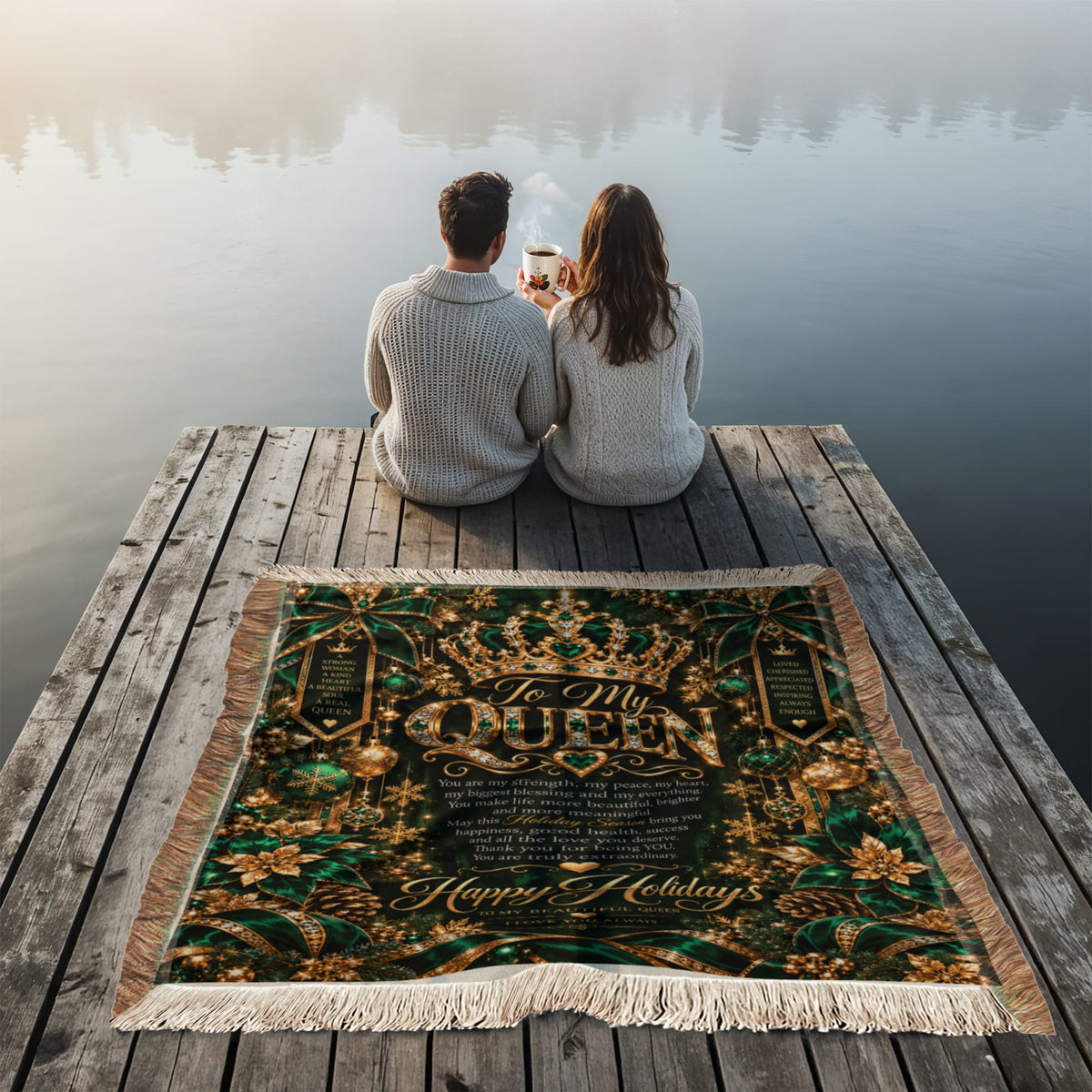 Queen Happy Holidays Printed Green Woven Blanket – Luxury Christmas Keepsake Gift