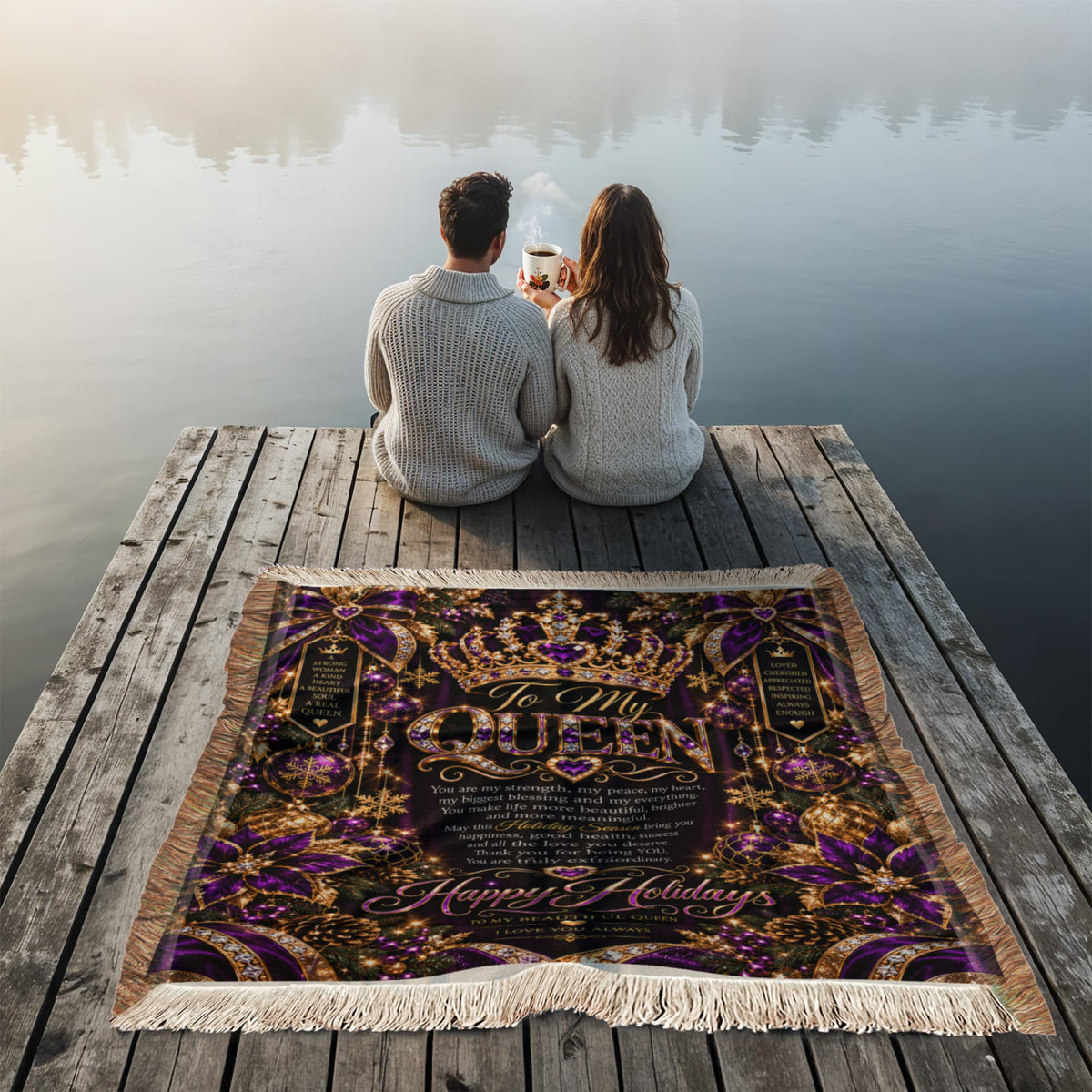Queen Happy Holidays Printed Woven Purple Blanket – Luxury Christmas Keepsake Gift