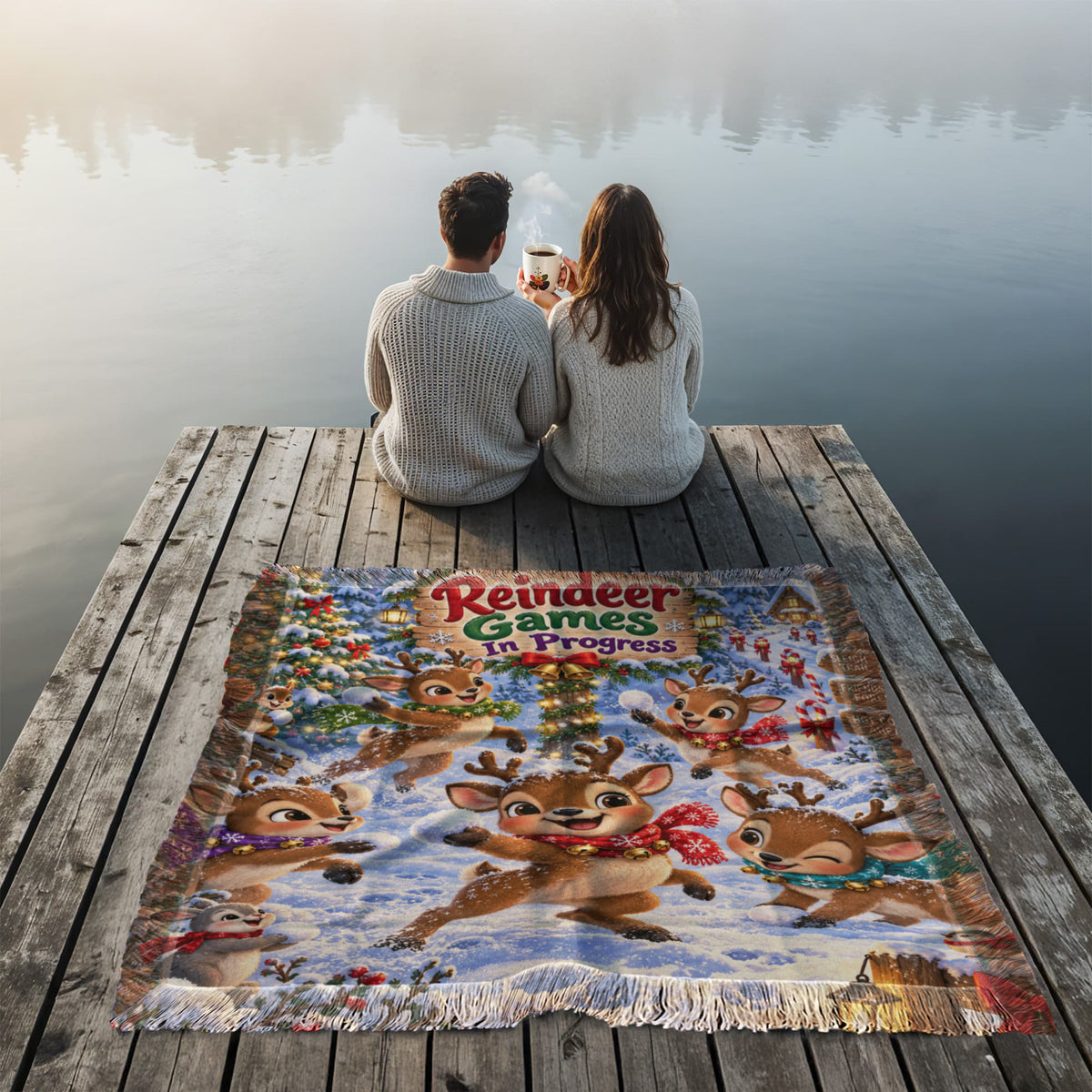 Kids Reindeer Christmas Throw Blanket- Cute Holiday Snowball Fight Blanket for Boys and Girls