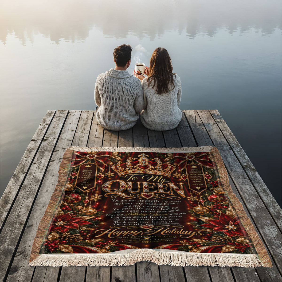 Queen Happy Holidays Printed Woven Blanket – Luxury Romantic Christmas Keepsake Gift