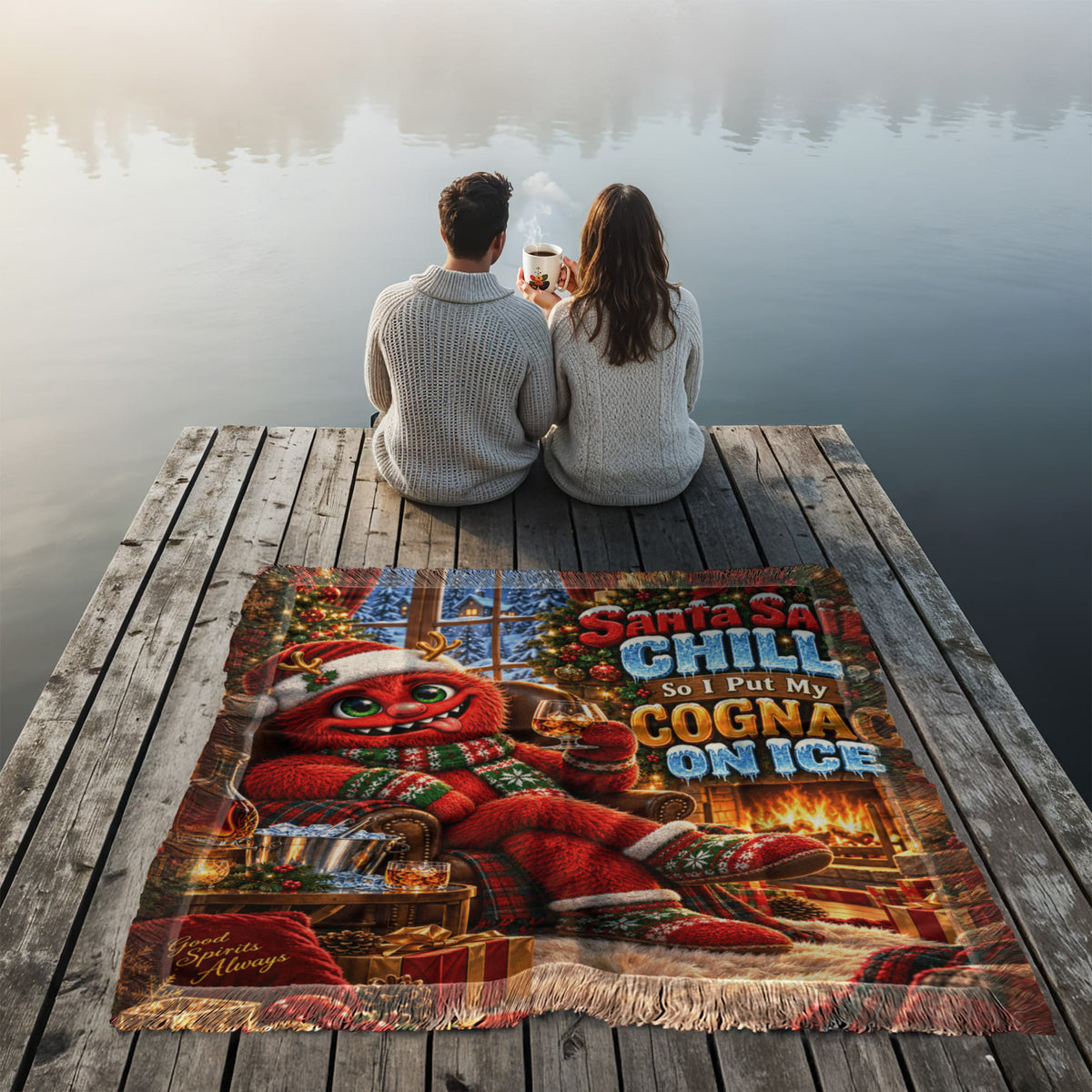 Santa Said Chill, So I Put My Cognac on Ice Funny Christmas Woven Throw Blanket – Adult Holiday Gift