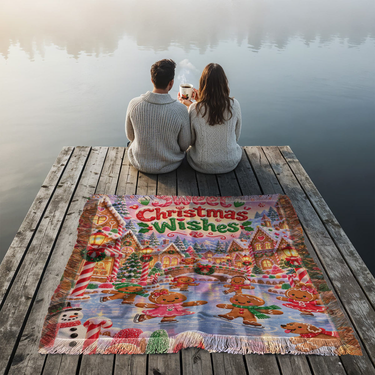 Kids Gingerbread Christmas Throw Blanket- Colorful Candy Village Holiday Blanket for Children