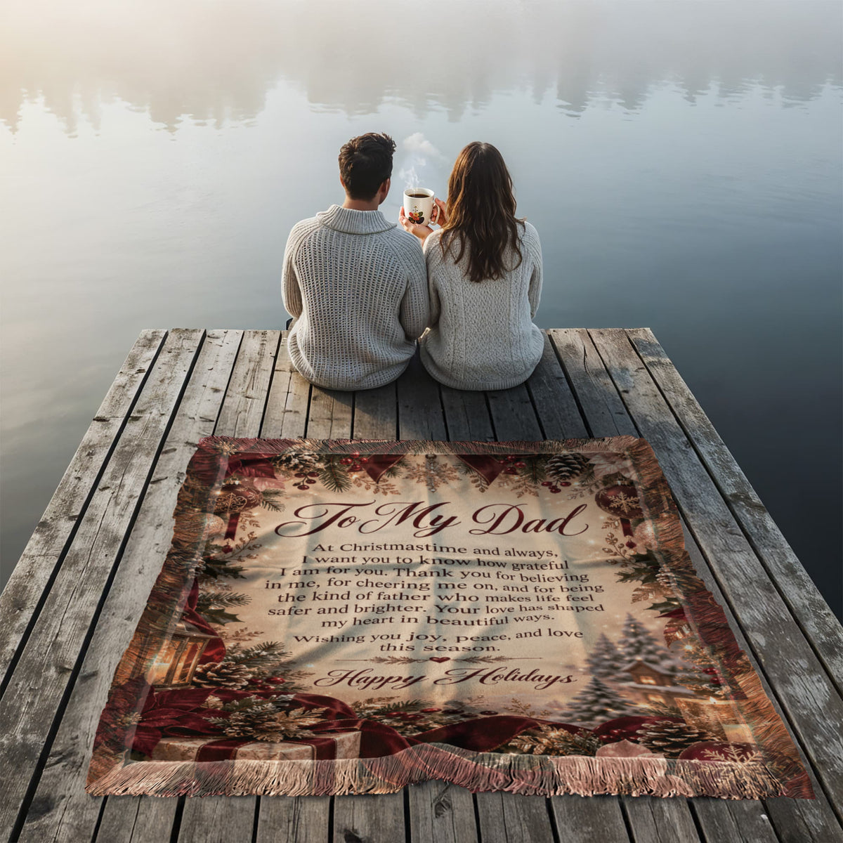 To My Dad Happy Holidays Woven Burgundy Blanket – Heartfelt Holiday Gift for Dad, Father Christmas Keepsake