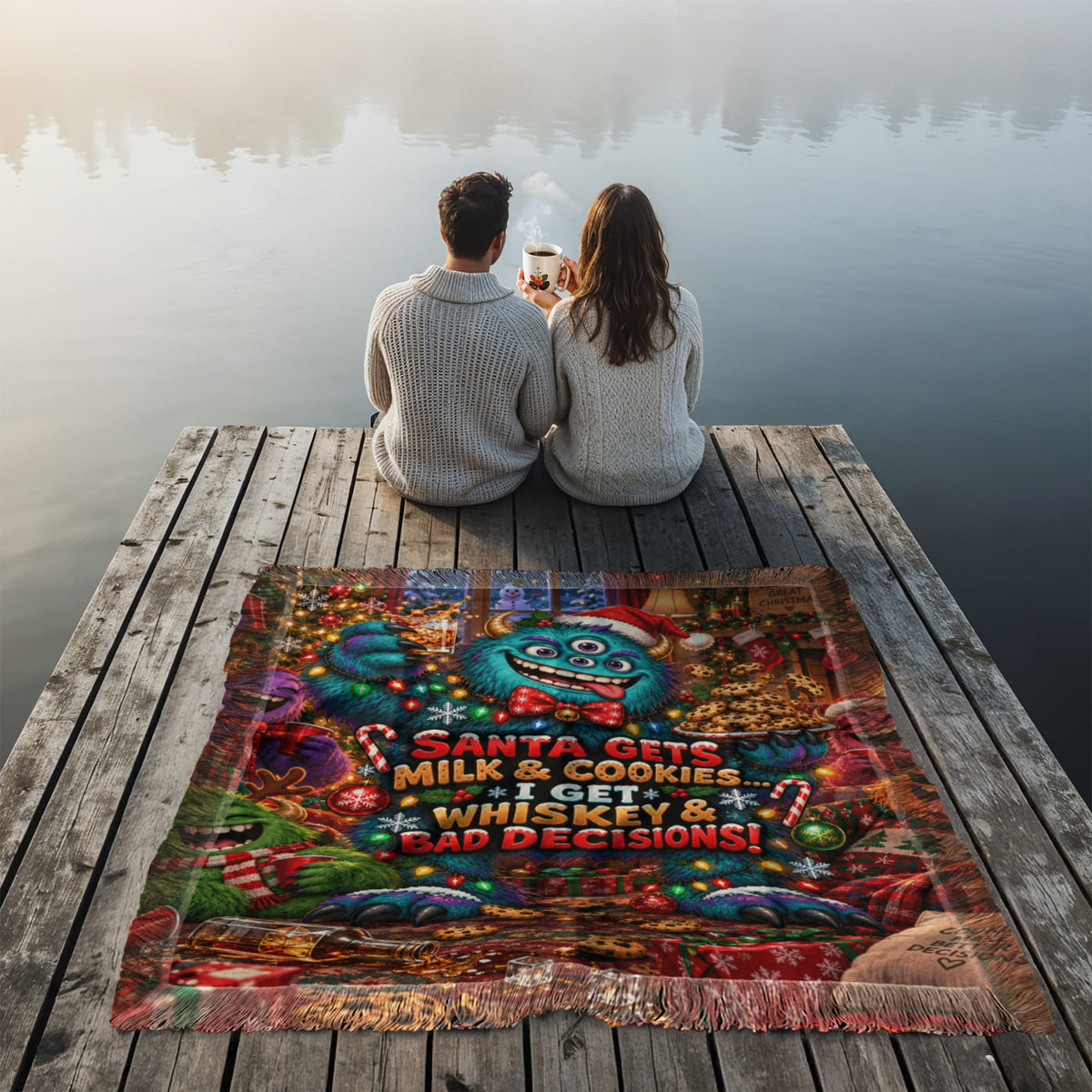 Santa Gets Milk & Cookies, Funny Christmas Woven Throw Blanket–Adult Holiday Gift