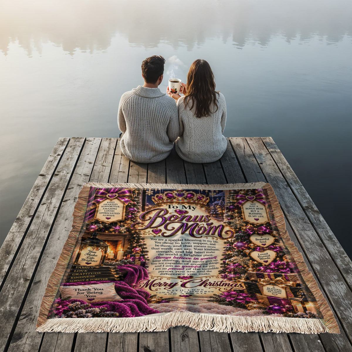 To My Bonus Mom Christmas Woven Blanket – Heartfelt Holiday Keepsake Gift for Bonus Mother