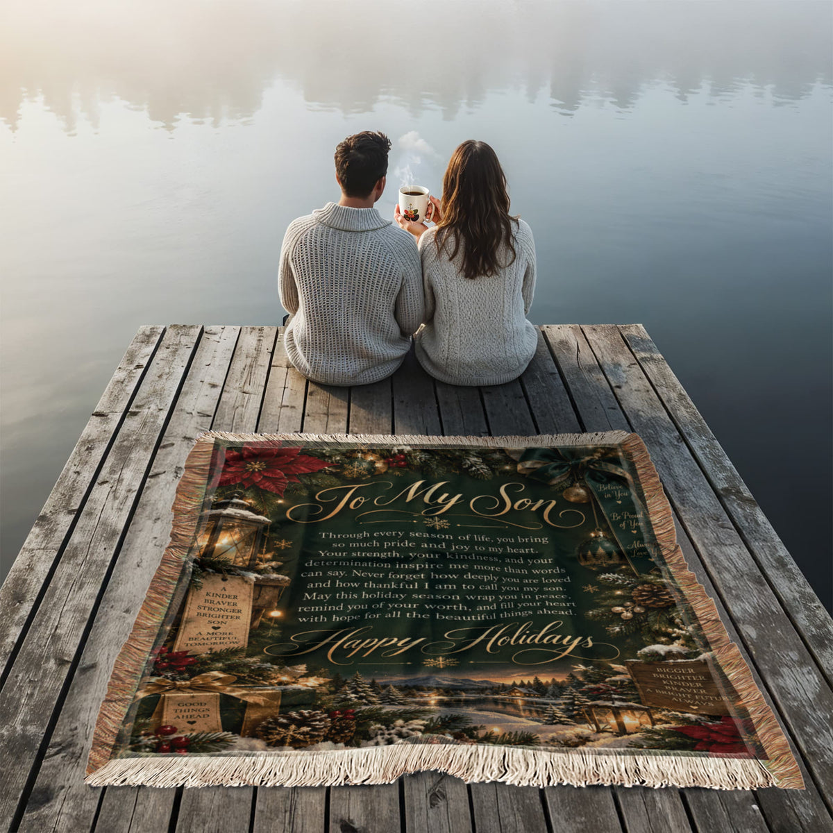 To My Son Happy Holidays Printed Green Woven Blanket – Heartfelt Christmas Keepsake Gift