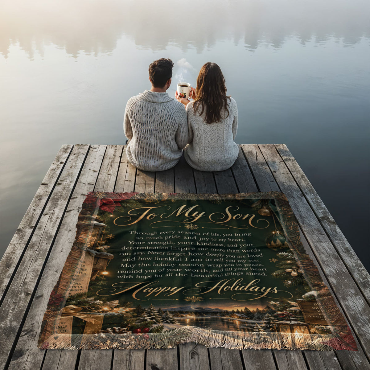 To My Son Happy Holidays Woven Green Blanket – Heartfelt Christmas Gift for Son, Holiday Keepsake from Mom or Dad