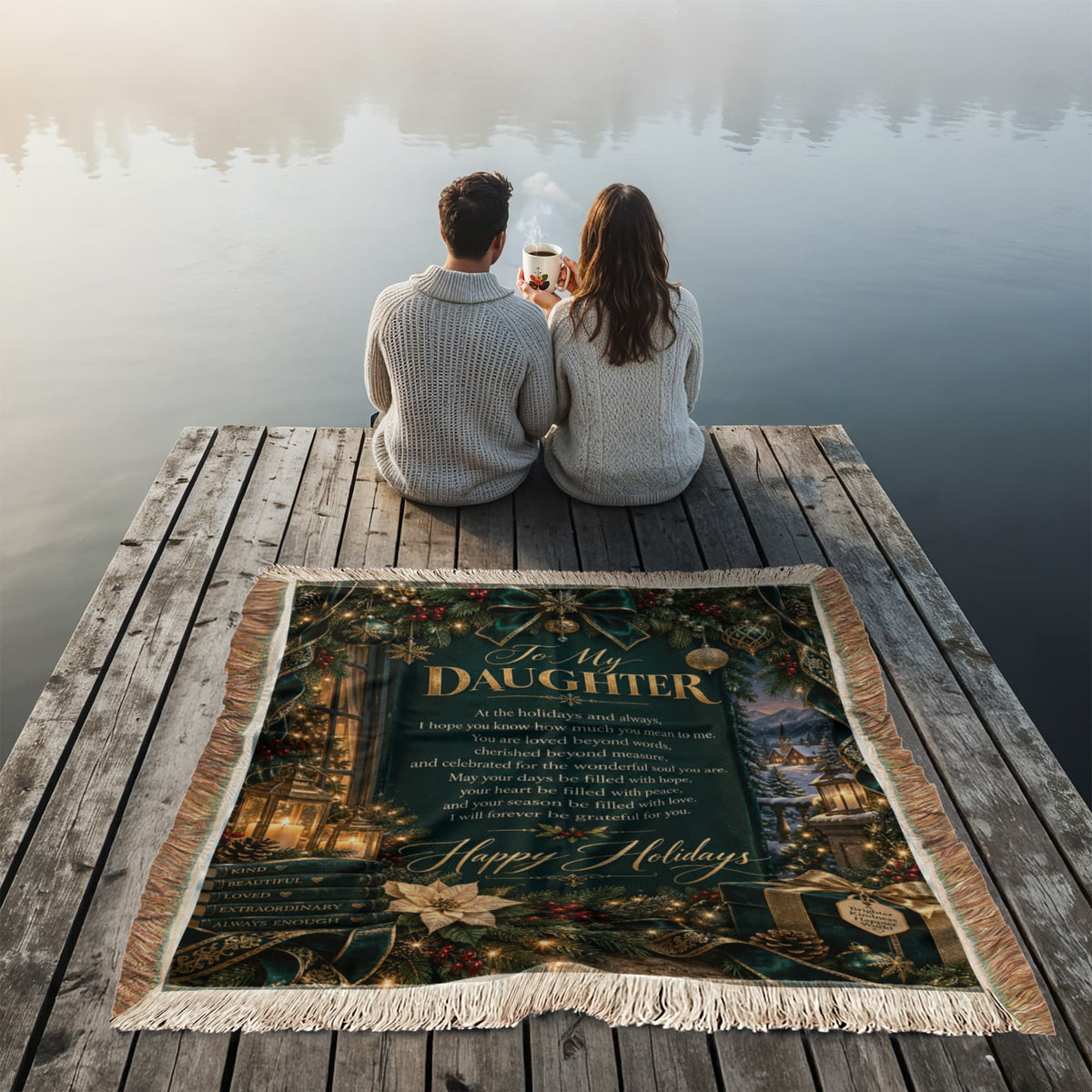 Daughter Happy Holidays Printed Woven Green Blanket – Heartfelt Christmas Keepsake Gift