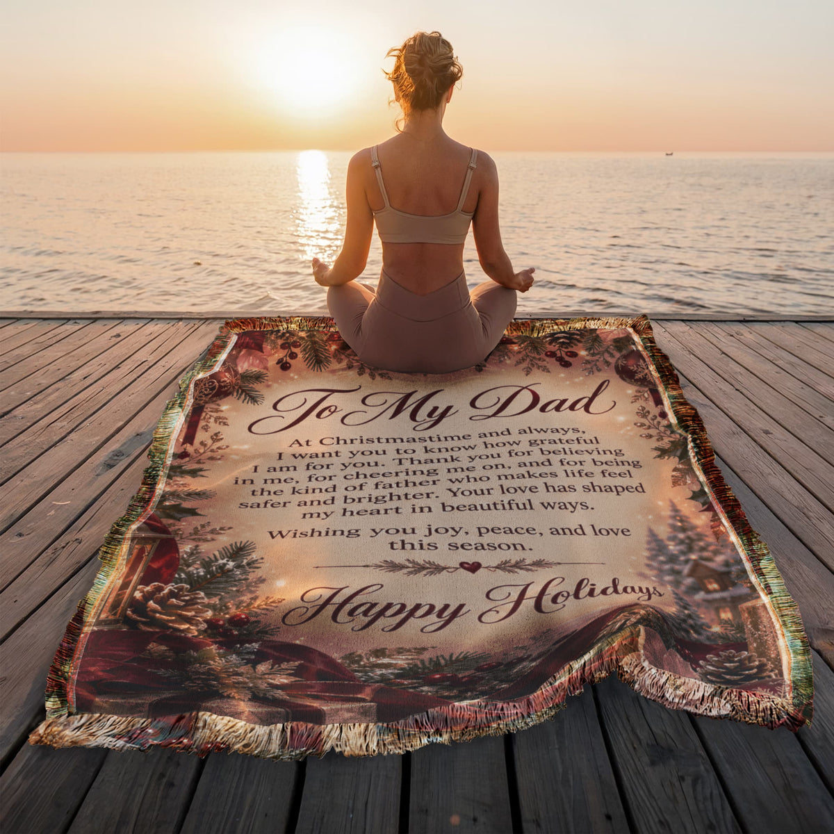 To My Dad Happy Holidays Woven Burgundy Blanket – Heartfelt Holiday Gift for Dad, Father Christmas Keepsake