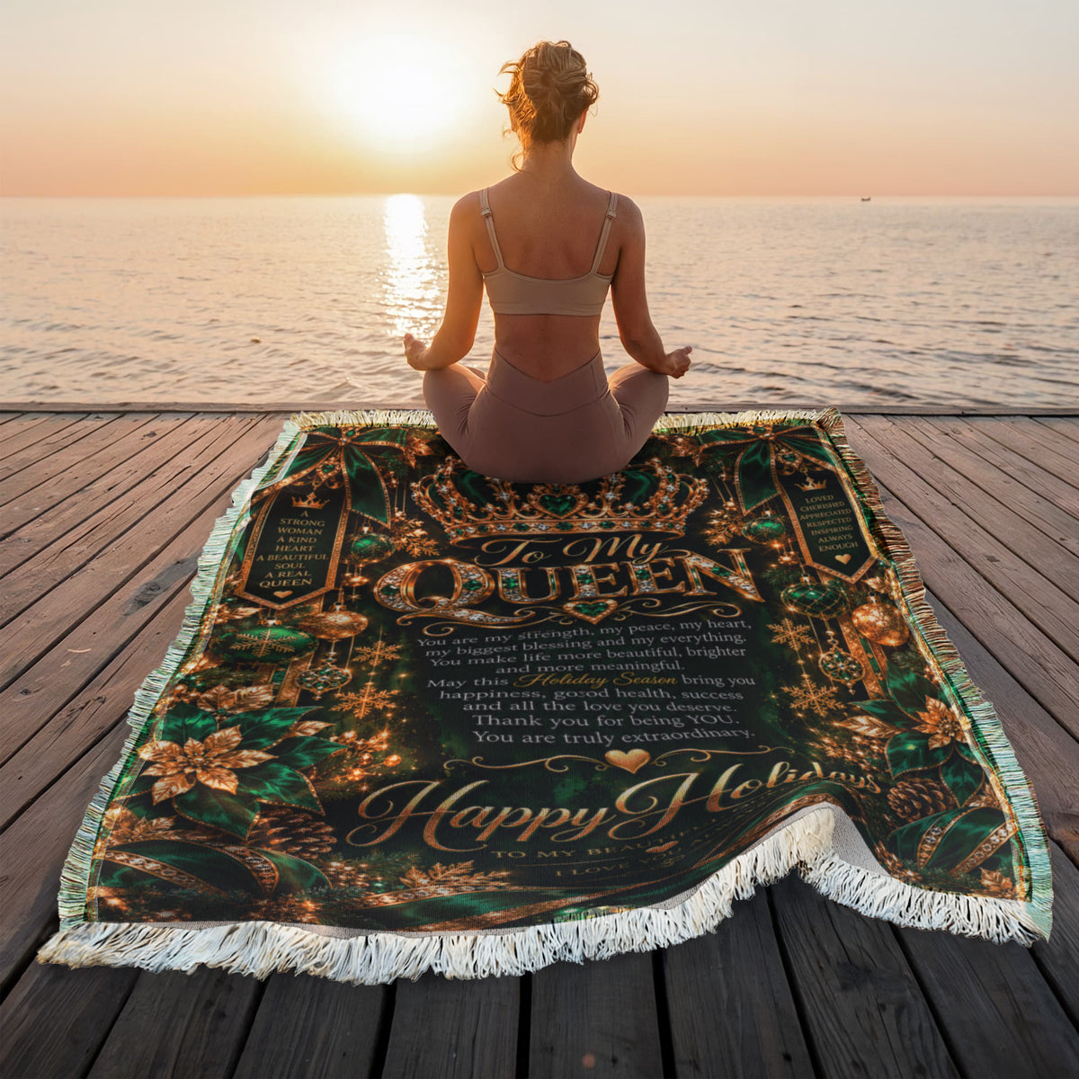 Queen Happy Holidays Printed Green Woven Blanket – Luxury Christmas Keepsake Gift