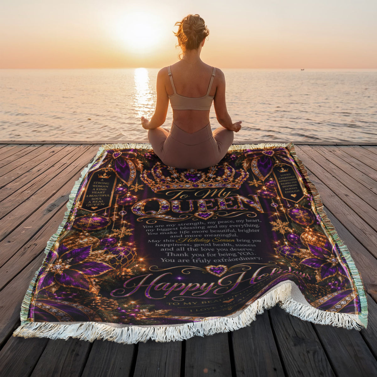 Queen Happy Holidays Printed Woven Purple Blanket – Luxury Christmas Keepsake Gift