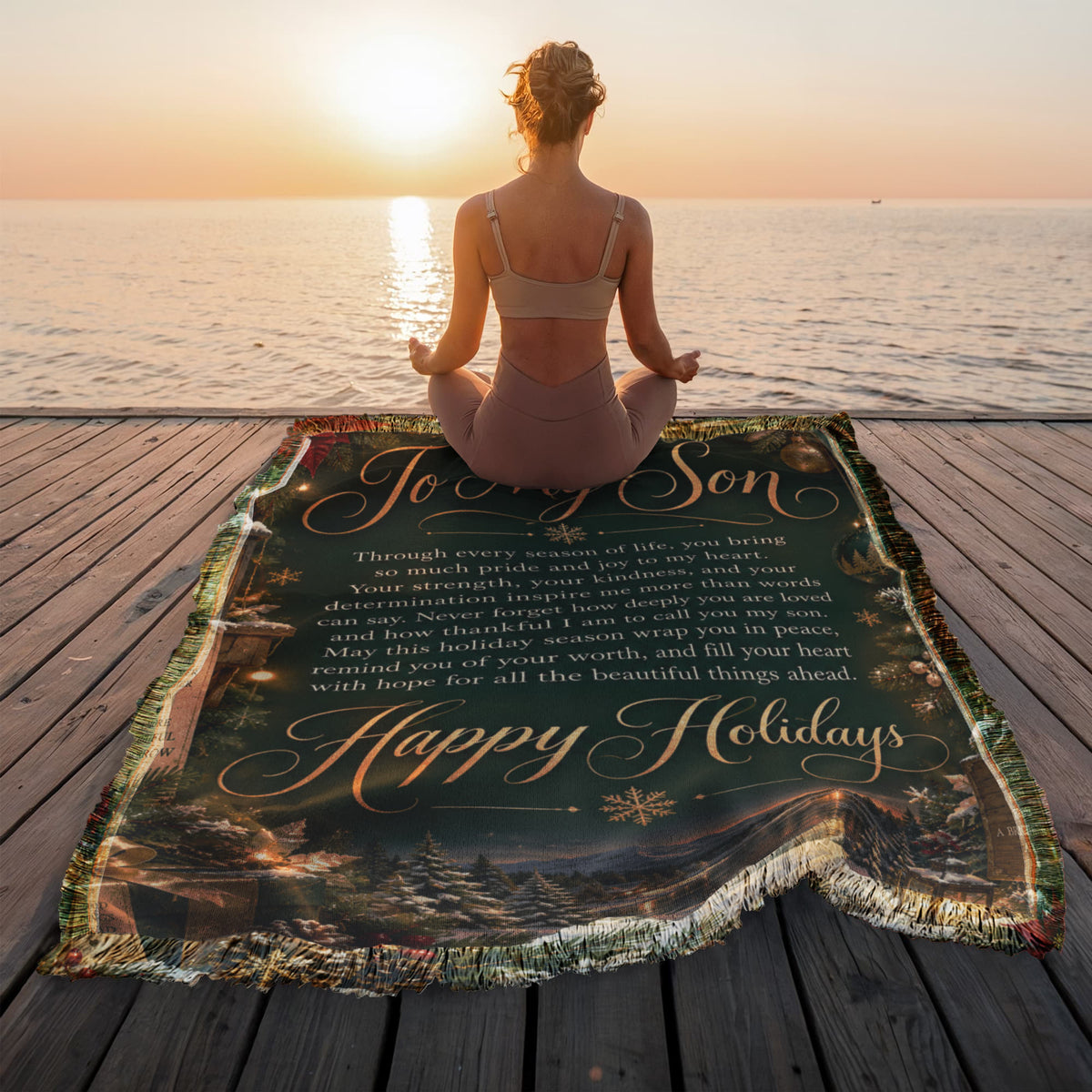 To My Son Happy Holidays Woven Green Blanket – Heartfelt Christmas Gift for Son, Holiday Keepsake from Mom or Dad
