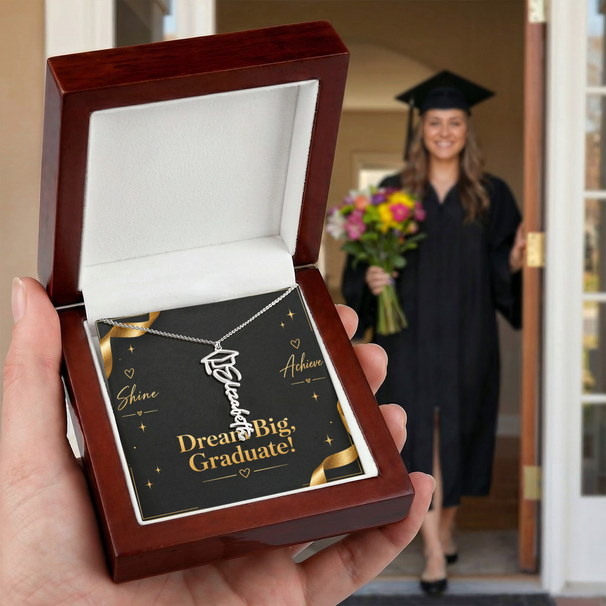 Personalized Graduation Cap Name Necklace – Custom Dream Big Graduate Jewelry Gift for Her