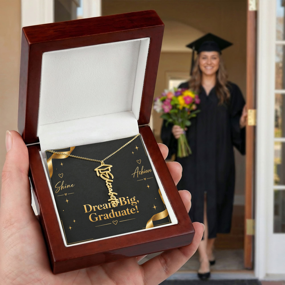 Personalized Graduation Cap Name Necklace – Custom Dream Big Graduate Jewelry Gift for Her