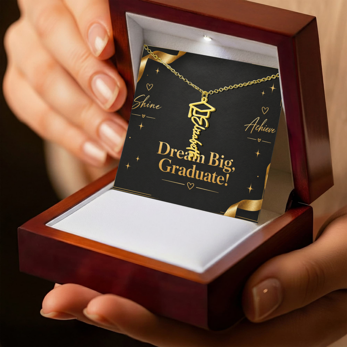 Personalized Graduation Cap Name Necklace – Custom Dream Big Graduate Jewelry Gift for Her
