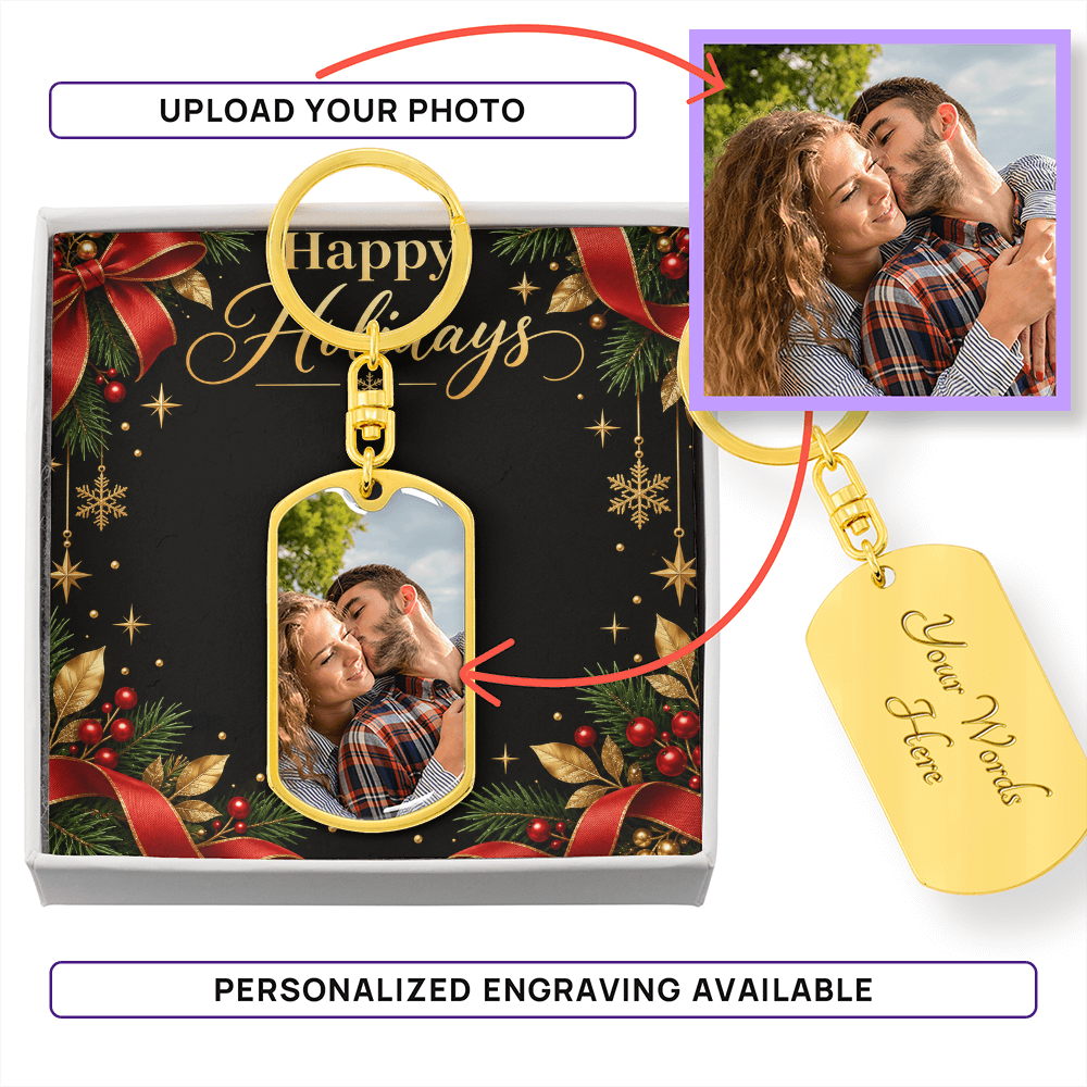 Happy Holidays Personalized Dog Tag Keychain – Custom Photo Gift