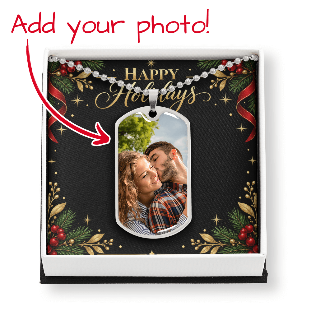 Happy Holidays Custom Photo Dog Tag Necklace – Personalized Holiday Jewelry Gift