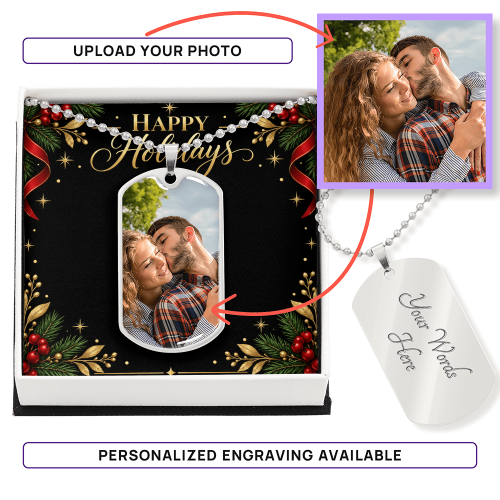 Happy Holidays Custom Photo Dog Tag Necklace – Personalized Holiday Jewelry Gift