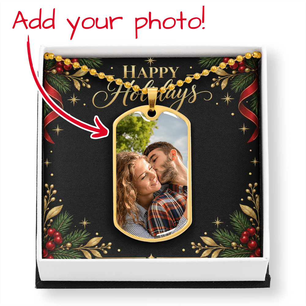 Happy Holidays Custom Photo Dog Tag Necklace – Personalized Holiday Jewelry Gift